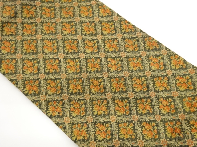 JAPANESE KIMONO / NAGOYA OBI / SILK / SHIOZE / WOVEN RHOMBUS & FLORAL ARABESQUE